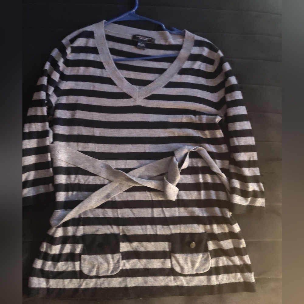 AUGUST SILK Striped Silk Wool BlendPullover Belted Sweater Gray Black Sz L